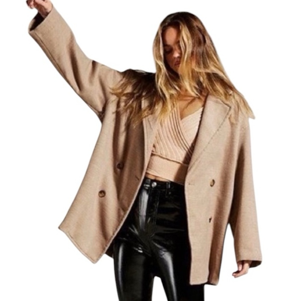 Free People Hannah Super Soft Double Breasted Menswear Pea Coat Blazer Jacket L